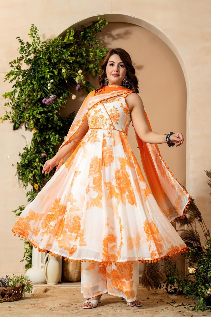 Anarkali suit set featuring a white base with prominent orange floral prints. - Image 3