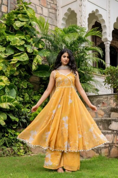 Yellow Popcorn Gotapatti Suit Set, also referred to as a Manjal Anarkali Suit Set.