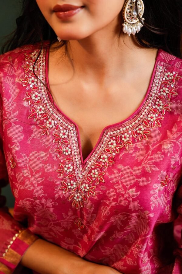 Pink ethnic ensemble, likely a kurta set, consisting of a kurta (tunic), matching pants or leggings, and a dupatta (scarf). - Image 2