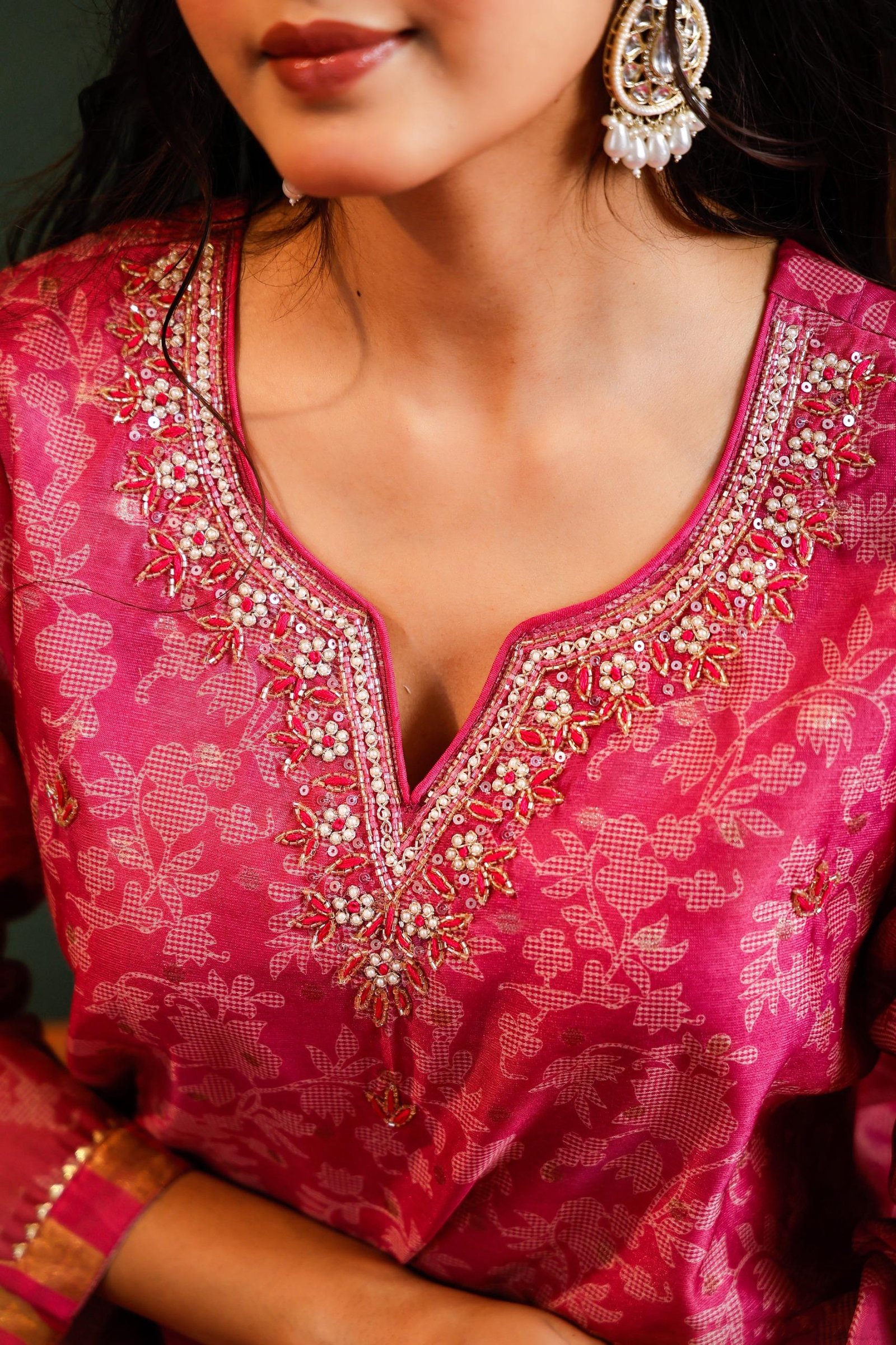 Pink ethnic ensemble, likely a kurta set, consisting of a kurta (tunic), matching pants or leggings, and a dupatta (scarf). - Image 2